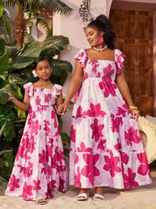 Vestido de manga corta de gasa con estampado floral para niñas preadolescentes de vacaciones, casual, para primavera/verano. Conjunto a juego entre madre e hija (Se venden por separado 2 piezas) - Multicolor - Ver 1