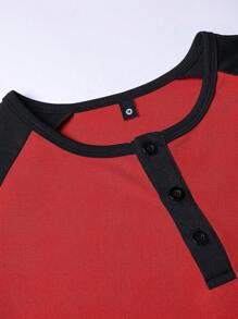 Men's Short Sleeve T-Shirt, Summer New Style With Henley Collar And Contrast Color Design, Personalized Printed Pattern, Regular & Plus Sizes Available, Casual & Sporty Style Half-Sleeve Undershirt - Red - View 6