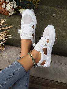 Summer Hollow Out Breathable Women's Flat White Sneakers, Fashionable Casual Sports Shoes For Women