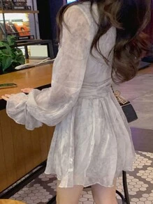 DAZY Women's Floral Ruffle Edge V-Neck Dress,Fall Dress Long Sleeve Dress