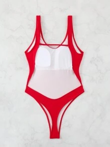 Swim SXY 1 件女式纯色露背连体泳衣，适合海滩和度假夏季 - 紅色 - 查看 3