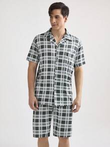 男士格紋短袖襯衫和短褲家居服套裝 - 綠色 - 查看 1