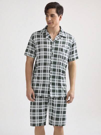 男士格紋短袖襯衫和短褲家居服套裝