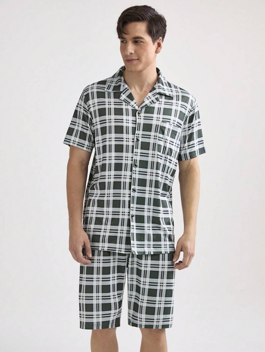 男士格紋短袖襯衫和短褲家居服套裝 - 綠色 - 查看 1