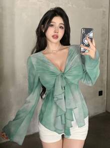DAZY Elegant Women's Spring/Summer Dip-Dyeing Tie-Front Split Bell Sleeve Shirt,Ruffle Sheer,Fall Women Clothes Long Sleeve Top - Green - View 5