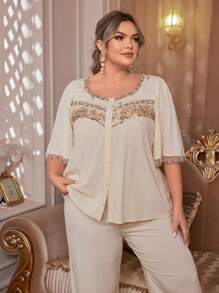 Lace Trimmed Loose Fit Plus Size Short Sleeve Sleepwear Set With Button Front - Apricot - View 4