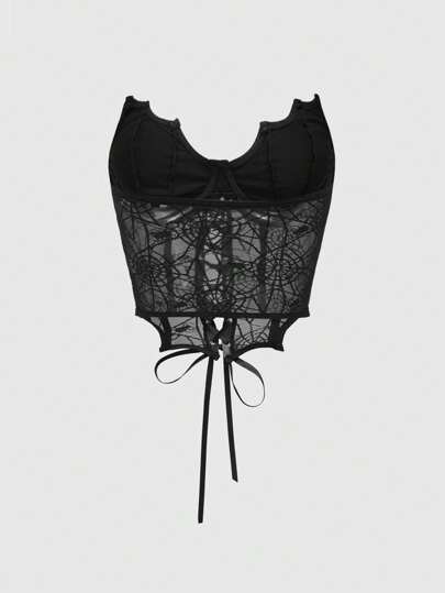 Goth Corset en PU gothique Y2K sexy en forme de chauve-souris combiné avec une tasse en forme de chauve-souris en dentelle de toile d'araignée avec ourlet en forme d'aile de chauve-souris à os pour femmes