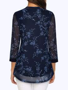 CheersLife 女士V领七分袖休闲连衣裙，配多层网纱腰带上衣 - 藏蓝色 - 查看 2