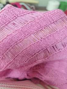 Zolique Sommer Kleid für Frauen, einfarbiges rosa Lochmuster-Strickkleid mit gestreiftem ärmellosem Pullover - Heißes Pink - Übersicht 6