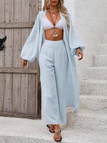Breezaya Conjunto de blusa larga con mangas kimono y pantalones sólidos de color para vacaciones - Azul - Ver 4