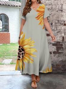 EMERY ROSE Summer Sunflower Print Bodycon Dress For Plus Size Women - Grey - View 1