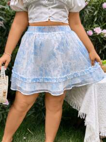 Dreamara Vacation Romantic High Waist Floral Plus Size Women's Mesh Skirt With Frill Trim - Blue and White - View 3