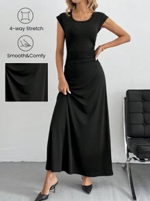 SHEIN Tall Solid Color A-Line Waist Cinched Long Dress Elegant Dress
