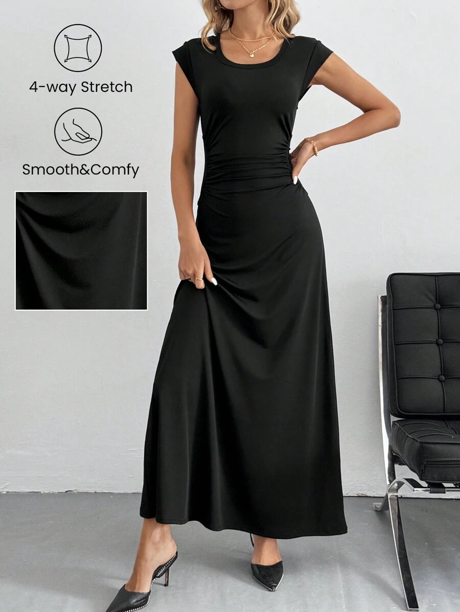 SHEIN Tall Solid Color A-Line Waist Cinched Long Dress Elegant Dress