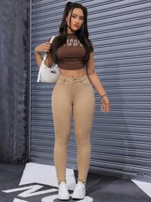 SHEIN SXY 女款純色簡約日常休閒修身牛仔褲 - 卡其色 - 查看 5