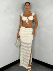 SHEIN BAE Áo crop top họa tiết màu trơn cho nữ với đường viền cổ ngọt ngào và chi tiết thắt nút, kết hợp với váy xẻ đùi cao cho trang phục kỳ nghỉ hè gợi cảm - Màu be - Xem 3