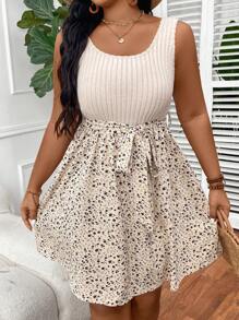 SHEIN VCAY Plus Size Boho Spliced 2 In 1 Ditsy Floral Print Vacation Dress, For Summer