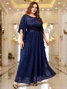 Plus Elegant Butterfly Sleeve Chiffon Sequin Lace Bodice Evening Party Long Dress - Navy Blue - View 6