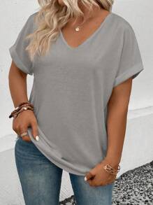 INAWLY T-shirt décontracté pour femme de grande taille à col en V et à manchettes retroussées, coupe décontractée, été