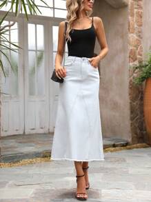 SHEIN LUNE 女性夏季休閒純色鬆緊窄褶邊牛仔短裙 - 淺灰色 - 查看 1