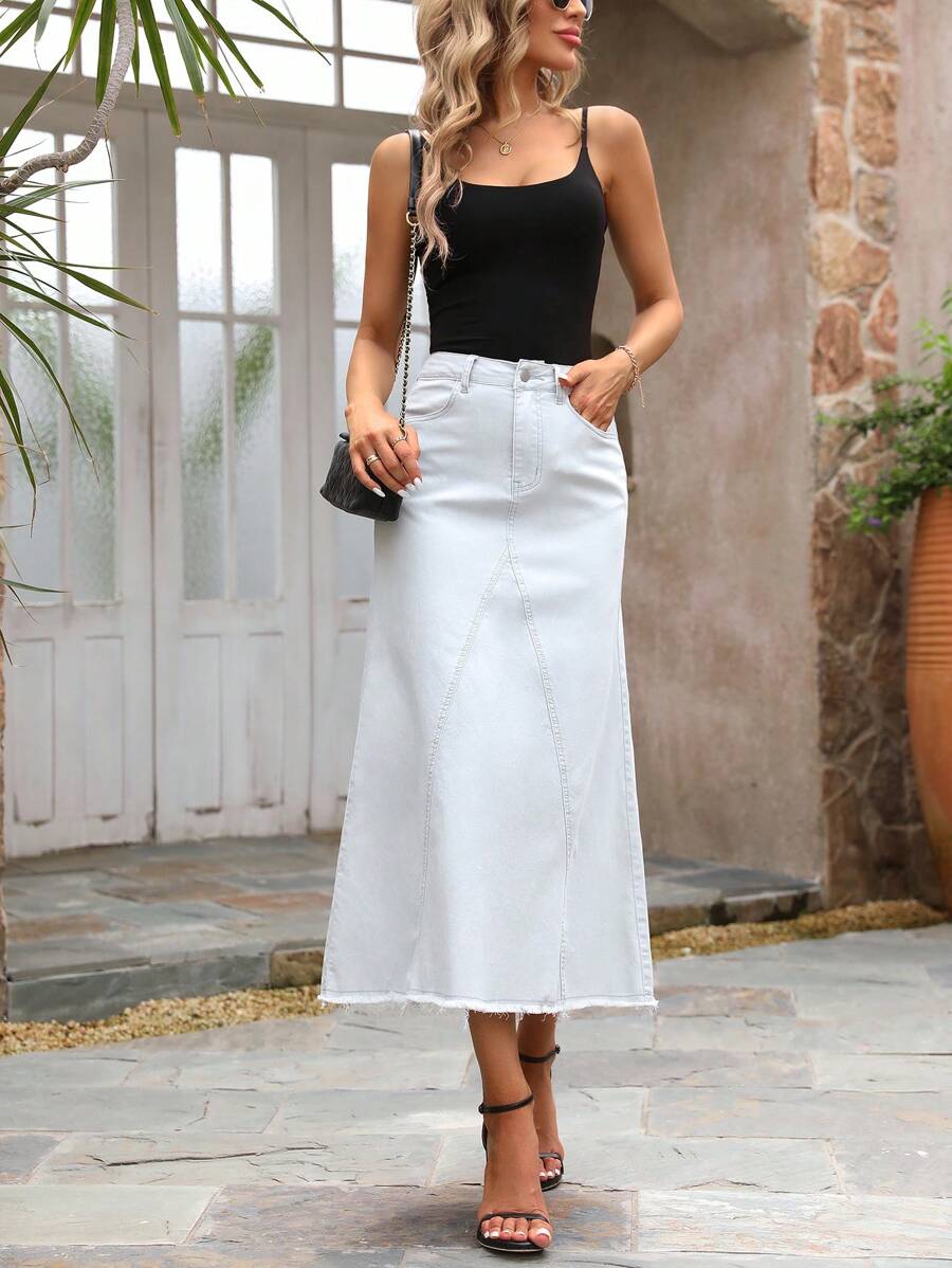 SHEIN LUNE 女性夏季休閒純色鬆緊窄褶邊牛仔短裙 - 淺灰色 - 查看 1