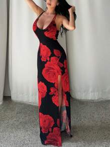 Women Floral Printed Elegant Sexy Bodycon Backless Spring Summer Party Vacation Festival Long Spaghetti Strap Dress