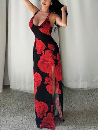 Women Floral Printed Elegant Sexy Bodycon Backless Spring Summer Party Vacation Festival Long Spaghetti Strap Dress