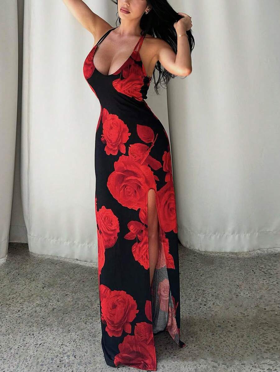 Women Floral Printed Elegant Sexy Bodycon Backless Spring Summer Party Vacation Festival Long Spaghetti Strap Dress