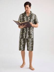 男士隨機印花短袖和短褲家居服套裝 - 棕色 - 查看 5