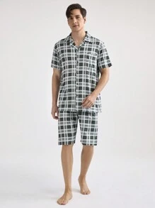 男士格紋短袖襯衫和短褲家居服套裝 - 綠色 - 查看 4
