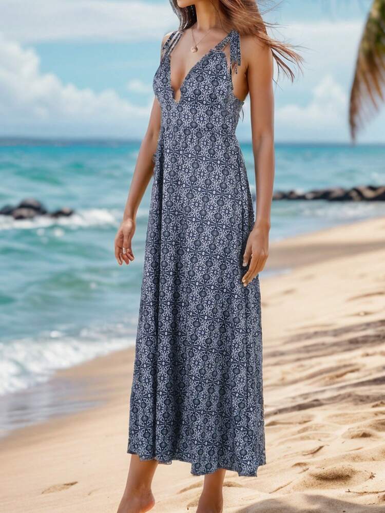 Women's Full Print Deep V-Neckline Shoulder Knot Dress