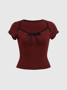 ROMWE Plus Size Women's Lace Trim Bodycon T-Shirt - Red - View 1