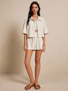 SHEIN Frenchy 3pcs Set Comfy Texture, Short Sleeve Shirt And Shorts Set, With Cropped Tank, Summer Vacation Season, Comfy, Boho, Beach Women Outfits, Swimwear Cover Up, Fashion, Elegant, Leisure, Simple Daily, Cottagecore, Solid Color, Holidayleisure, Modest, Bachelorette, Summer Top, Suitable For Vacation Casual