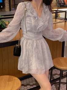 DAZY Women's Floral Ruffle Edge V-Neck Dress,Fall Dress Long Sleeve Dress