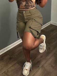 Quần short denim ống đứng dáng rộng nhiều túi kiểu Y2K (Nữ) - xanh quân đội - Xem 3