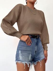 RueChic Solid Drop Shoulder Bishop Sleeve Sweater - Khaki - View 4