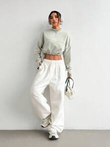 SHEIN Dewbera Solid & Drop Shoulder Cropped Sports Long Sleeve Sweatshirt Cropped Hoodie Fall Sweatshirt Fall Long Sleeve Sweatshirt Cropped Hoodie Fall Sweatshirt