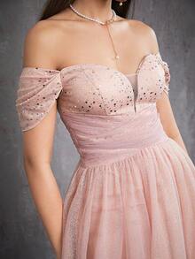 Mgiacy Off Shoulder Sequined Lace Crossed Cinched Waist Tulle Evening Dress, Party Dress Wedding Guest Dress Prom Dress