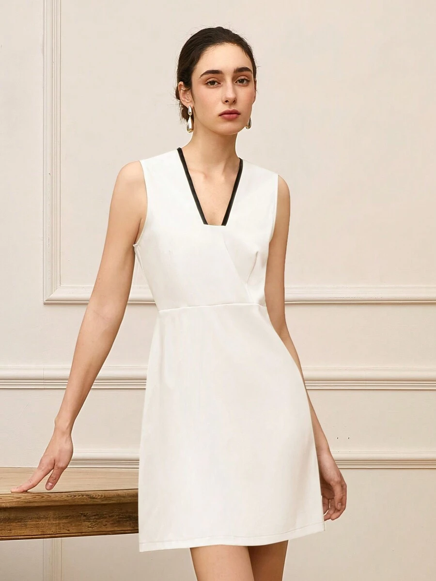 Vestido casual sin mangas para mujer con bloque de color en verano - Blanco - Ver 1
