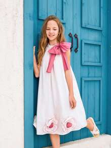 SHEIN Tween Girl Loose Fit Phong cách nghỉ mát 3D Khối màu hoa Váy thắt nơ phóng đại - trắng - Xem 5