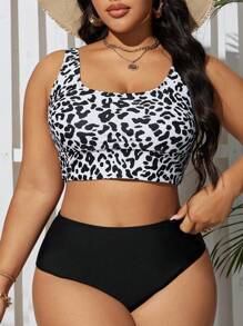 Swim Lushoire Plus Size Women Summer Beach Fashion Leopard Print Tankini Set - Black and White - View 3