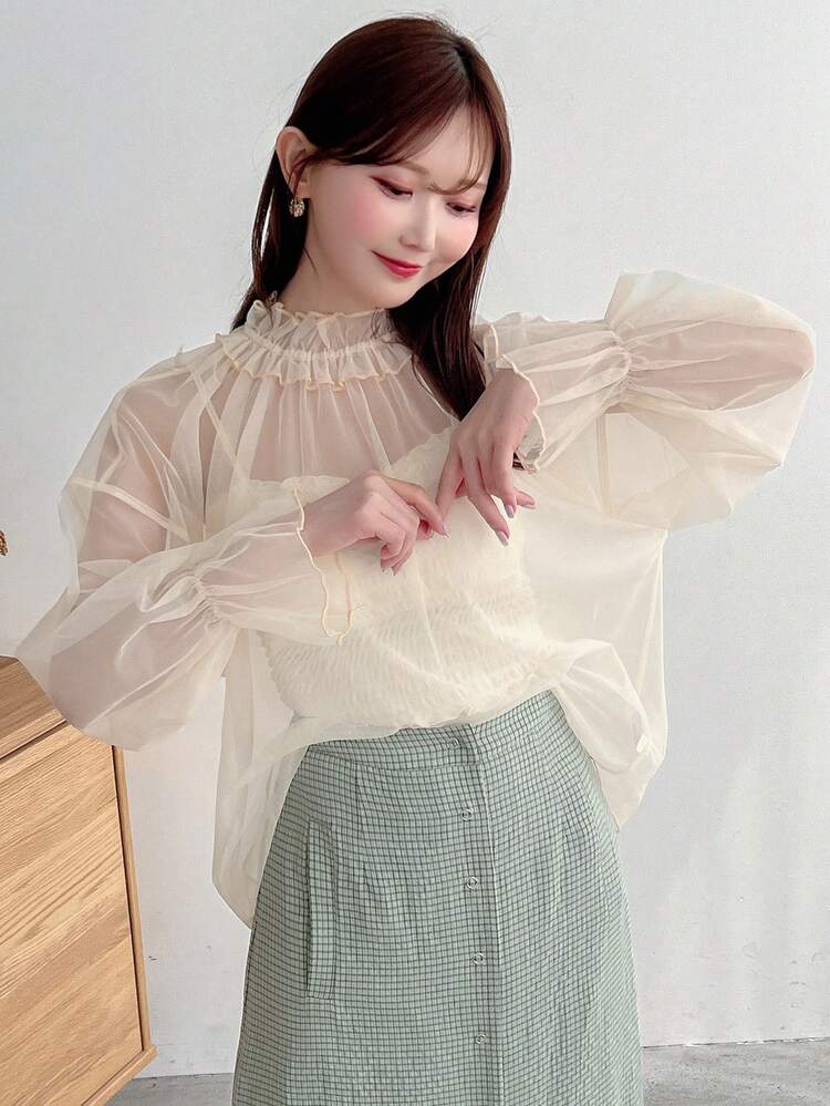 FRIFUL Women's Elegant Solid Color Mesh Sheer Long Sleeve Top For Summer - Apricot - View 3