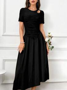 Modelyn Women's Solid Color Textured Hollow Out Short Sleeve Summer Dress - Black - View 7