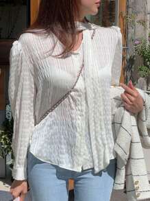 DAZY Damen Frühlings-/Sommer-Lässig Einfarbige Strukturierte Puffärmel Bluse mit fließenden Trägern Langarm Top - Weiss - Übersicht 7