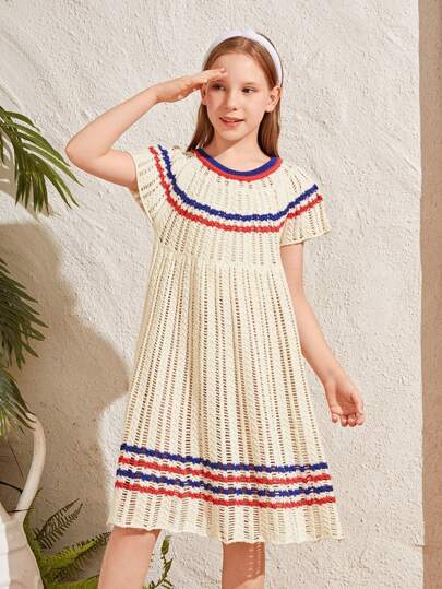 Tween Girl Loose Wave Hollow Knitted Color-Block Holiday Cover Up