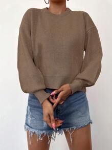 RueChic Solid Drop Shoulder Bishop Sleeve Sweater - Khaki - View 3