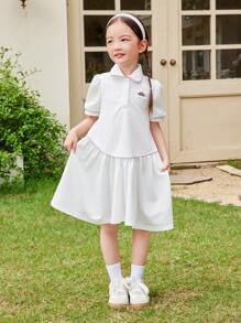SHEIN Bequemes, Locker Geschnittenes A-linien-kleid Für Junge Mädchen Mit Regenbogen-druck, Knielänge, Umgeschlagenem Kragen Und Puffärmeln