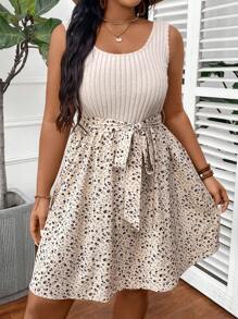 SHEIN VCAY Plus Size Boho Spliced 2 In 1 Ditsy Floral Print Vacation Dress, For Summer