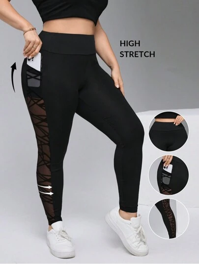 SHEIN Essnce Leggings de talla grande para mujer con empalme de malla negra, semi-transparente, de moda y versátil para ocasiones casuales