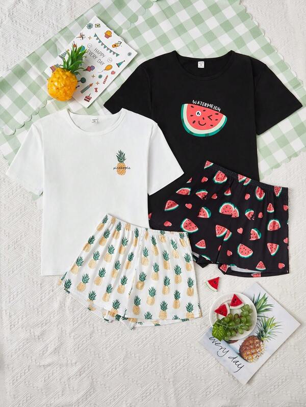 Teen Girl Simple Black Cat Print Short Set, Crew Neck Short Sleeve Casual Home Clothes